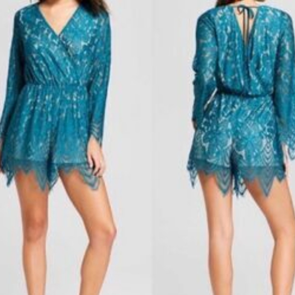 Xhilaration Teal Lace Long Sleeve Romper
